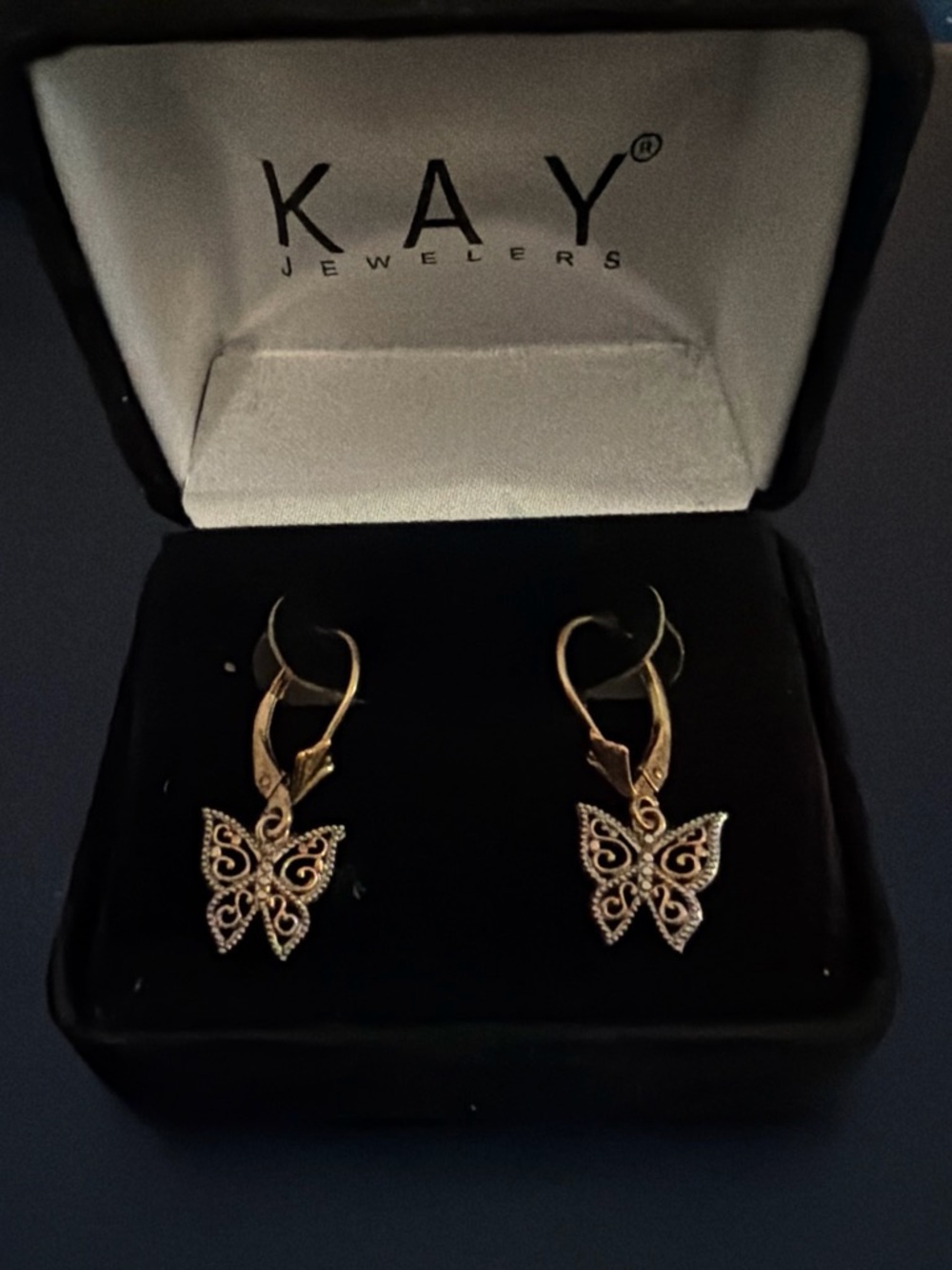 Kay Jewelers Gold Filigree Butterfly Drop Earrings